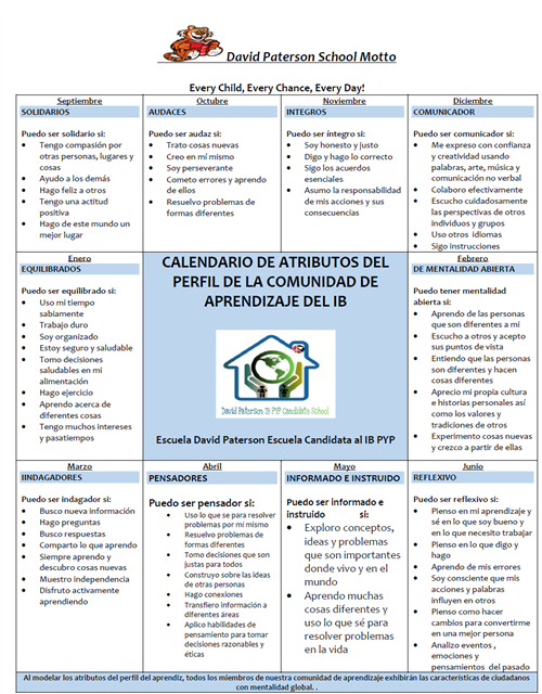 Parent Learner Profile Calendar in Spanish 